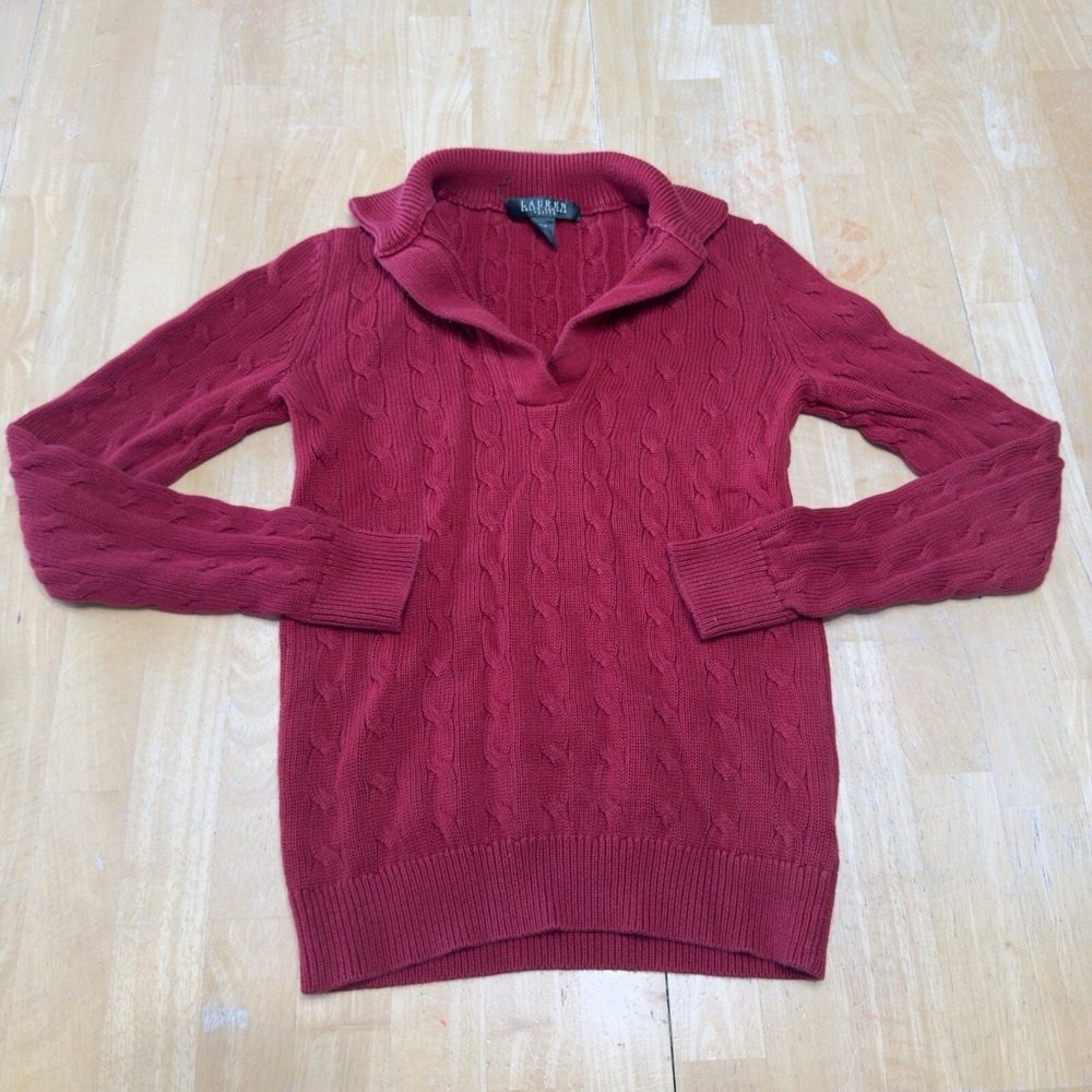 Lauren Ralph Lauren Women's Sweater Pullover Red Cable Knit Preppy Sz Petite XS